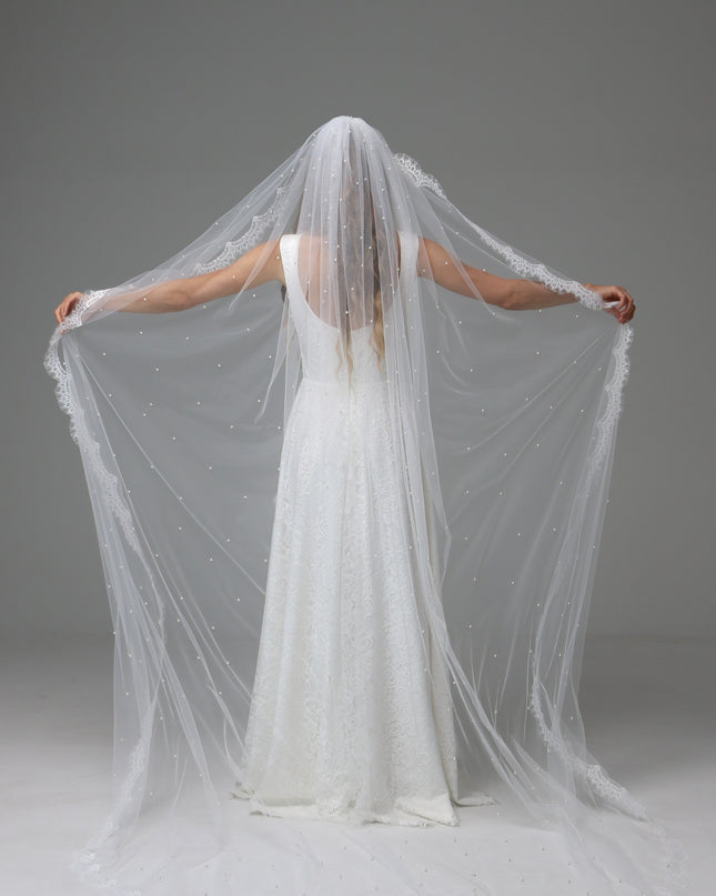 Lace Edge Pearl Wedding Veil Cathedral Length
