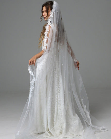 Lace Edge Pearl Wedding Veil Cathedral Length