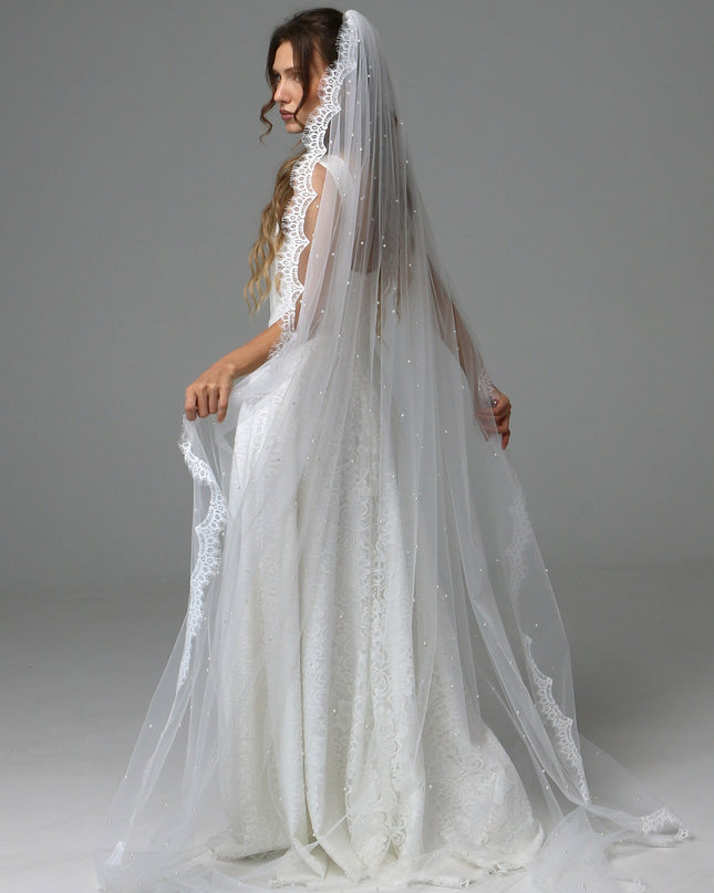 Lace Edge Pearl Wedding Veil Cathedral Length