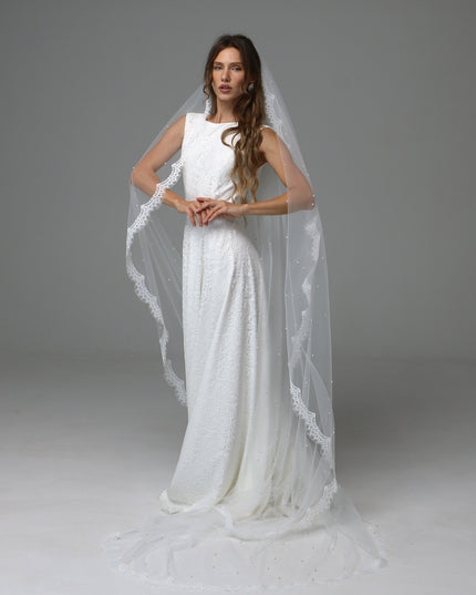 Lace Edge Pearl Wedding Veil Cathedral Length