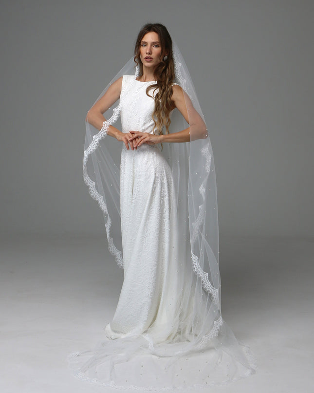 Lace Edge Pearl Wedding Veil Cathedral Length