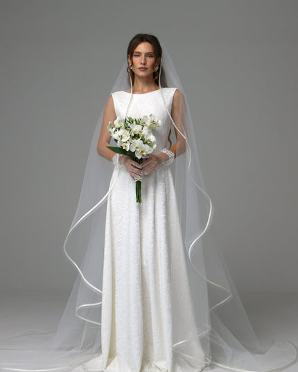 One Tier Cascade Wedding Veil with Horsehair Edge and Satin Ribbon