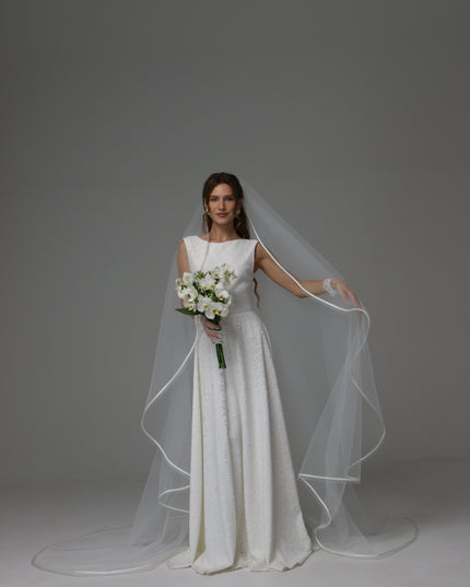 One Tier Cascade Wedding Veil with Horsehair Edge and Satin Ribbon