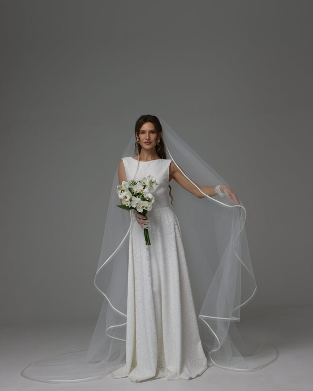 One Tier Cascade Wedding Veil with Horsehair Edge and Satin Ribbon