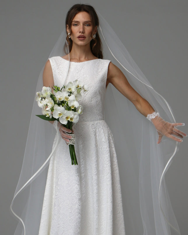 One Tier Cascade Wedding Veil with Horsehair Edge and Satin Ribbon