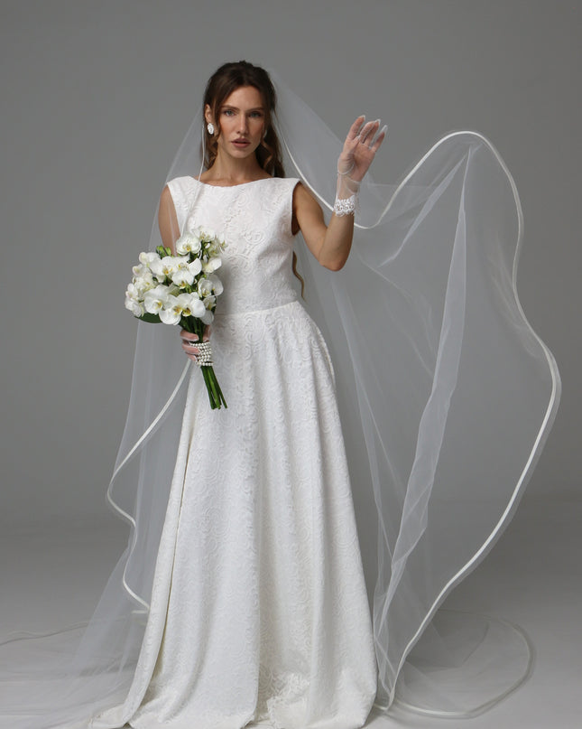 One Tier Cascade Wedding Veil with Horsehair Edge and Satin Ribbon