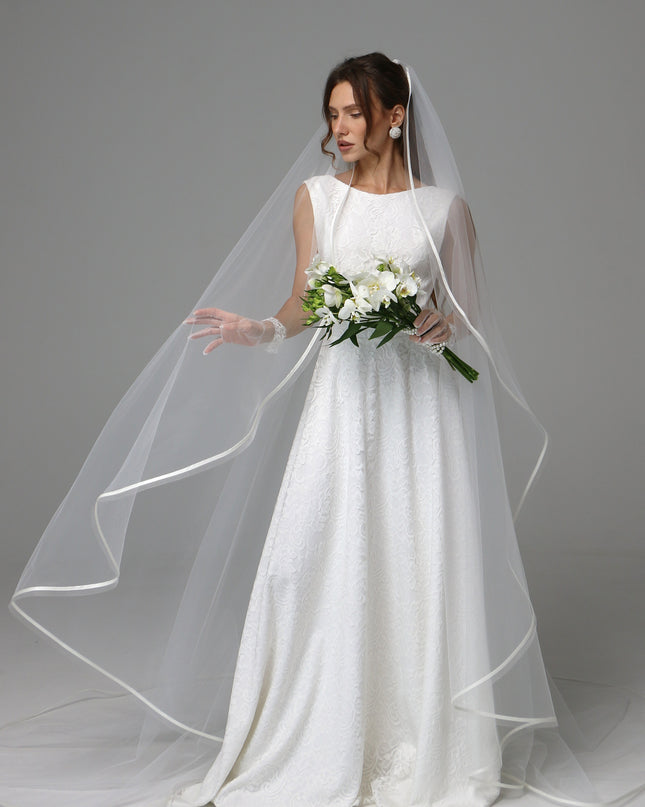 One Tier Cascade Wedding Veil with Horsehair Edge and Satin Ribbon