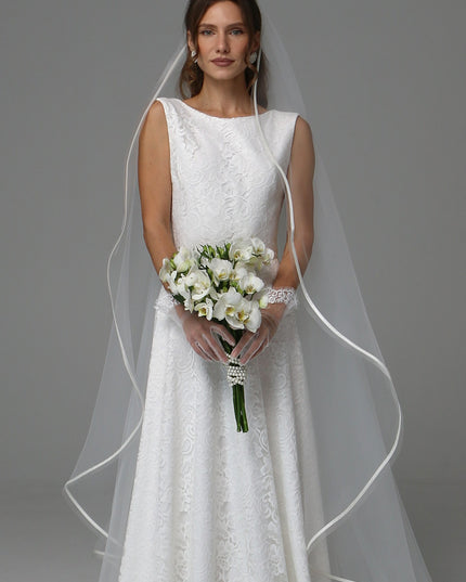 One Tier Cascade Wedding Veil with Horsehair Edge and Satin Ribbon