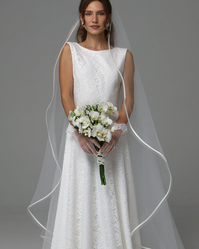 One Tier Cascade Wedding Veil with Horsehair Edge and Satin Ribbon