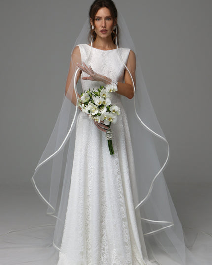 One Tier Cascade Wedding Veil with Horsehair Edge and Satin Ribbon