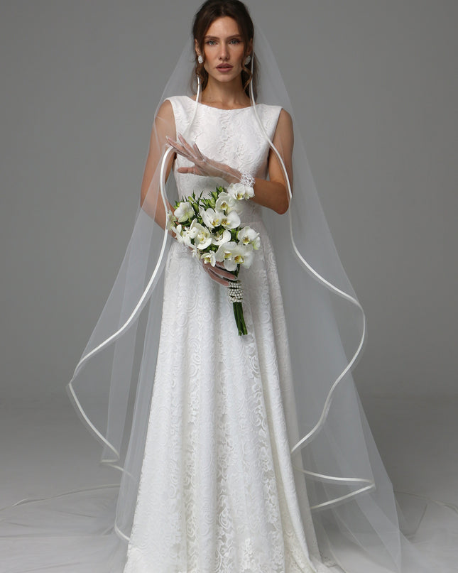 One Tier Cascade Wedding Veil with Horsehair Edge and Satin Ribbon