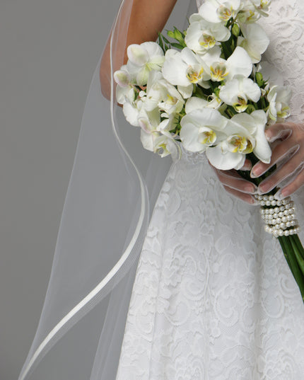 One Tier Cascade Wedding Veil with Horsehair Edge and Satin Ribbon