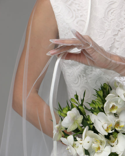 One Tier Cascade Wedding Veil with Horsehair Edge and Satin Ribbon