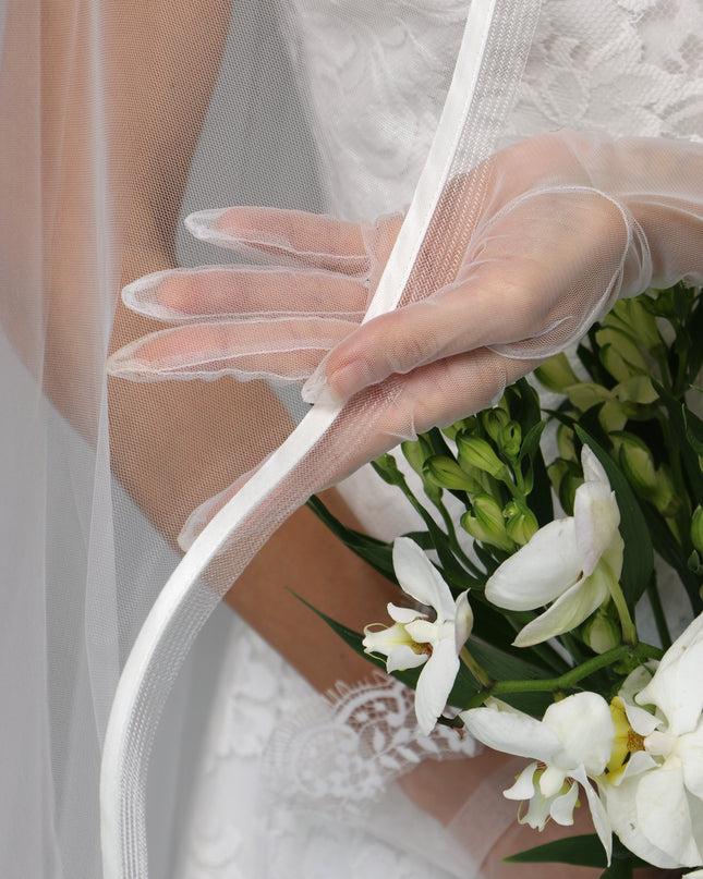 One Tier Cascade Wedding Veil with Horsehair Edge and Satin Ribbon