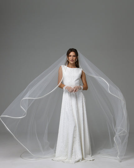 One Tier Cascade Wedding Veil with Horsehair Edge and Satin Ribbon