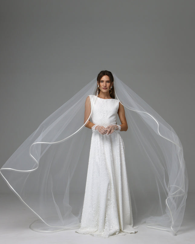 One Tier Cascade Wedding Veil with Horsehair Edge and Satin Ribbon