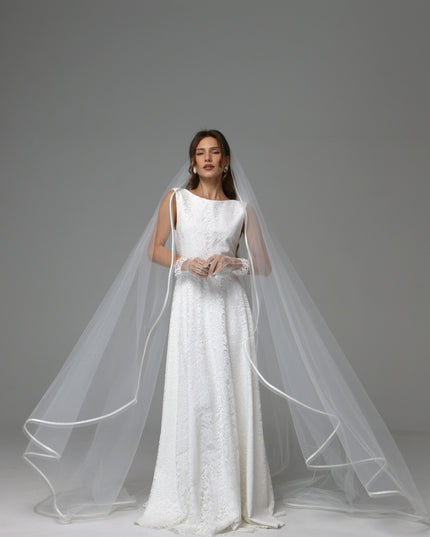 One Tier Cascade Wedding Veil with Horsehair Edge and Satin Ribbon