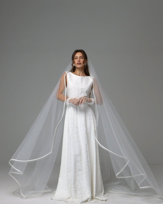 One Tier Cascade Wedding Veil with Horsehair Edge and Satin Ribbon