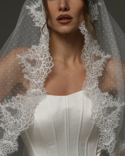 One-Tier Mantilla Veil with Chantilly Lace – Fingertip Length
