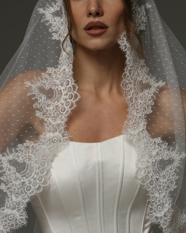 One-Tier Mantilla Veil with Chantilly Lace – Fingertip Length