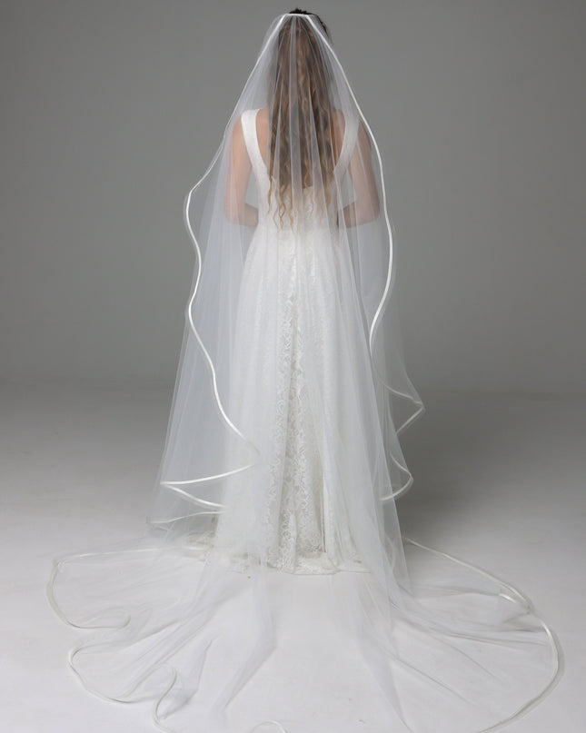 One Tier Cascade Wedding Veil with Horsehair Edge and Satin Ribbon