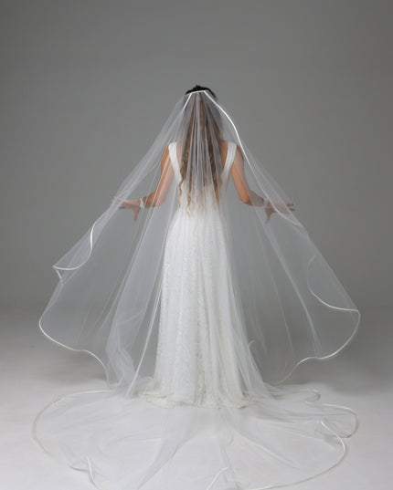 One Tier Cascade Wedding Veil with Horsehair Edge and Satin Ribbon