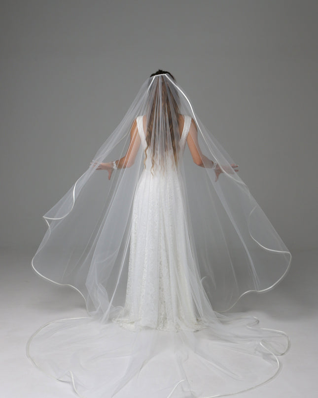 One Tier Cascade Wedding Veil with Horsehair Edge and Satin Ribbon