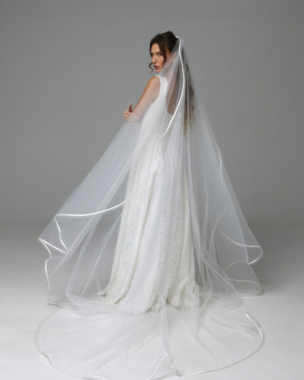 One Tier Cascade Wedding Veil with Horsehair Edge and Satin Ribbon