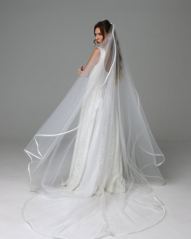 One Tier Cascade Wedding Veil with Horsehair Edge and Satin Ribbon