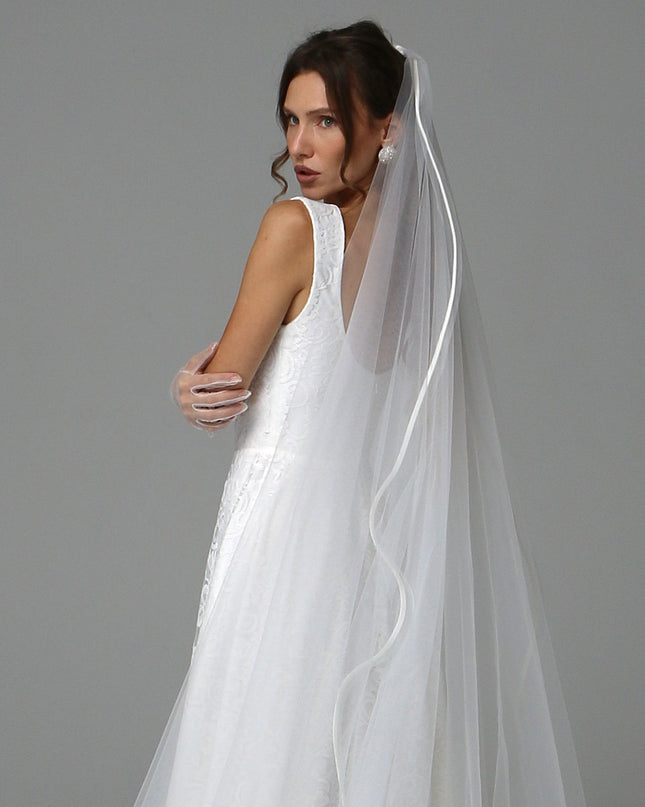 One Tier Cascade Wedding Veil with Horsehair Edge and Satin Ribbon