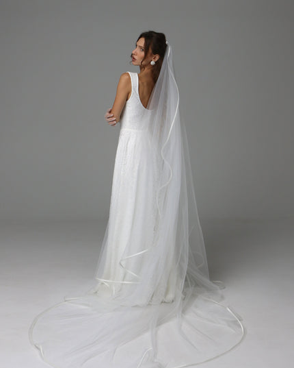 One Tier Cascade Wedding Veil with Horsehair Edge and Satin Ribbon