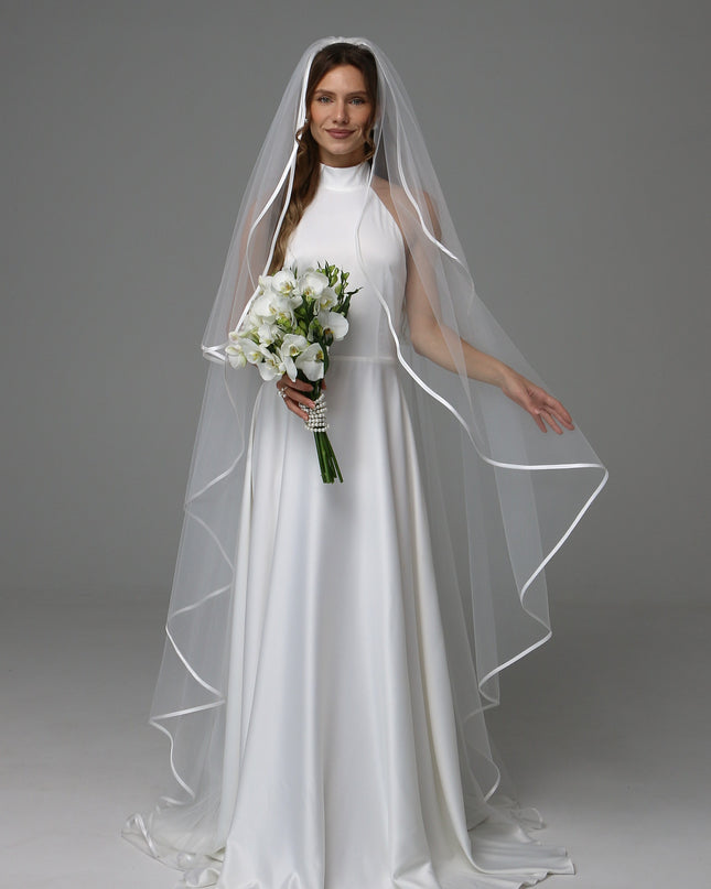 Two Tier Satin Ribbon Wedding Veil with Full Gathered Top