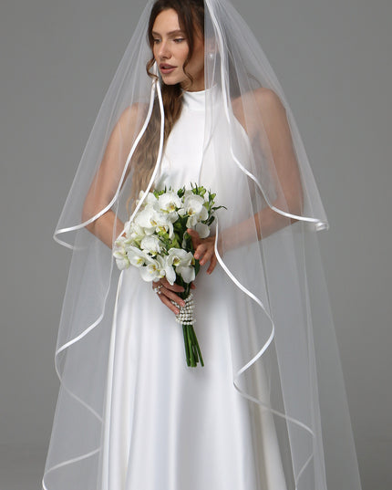 Two Tier Satin Ribbon Wedding Veil with Full Gathered Top