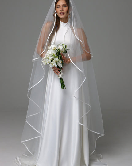 Two Tier Satin Ribbon Wedding Veil with Full Gathered Top