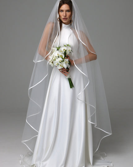 Two Tier Satin Ribbon Wedding Veil with Full Gathered Top