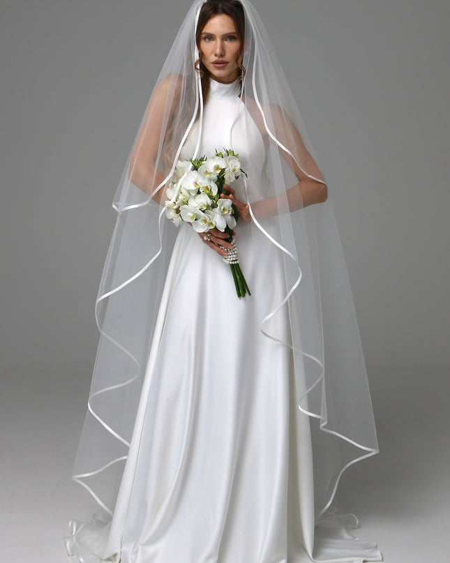 Two Tier Satin Ribbon Wedding Veil with Full Gathered Top