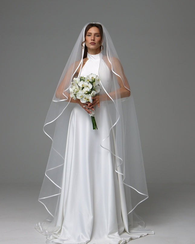 Two Tier Satin Ribbon Wedding Veil with Full Gathered Top