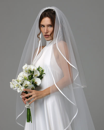 Two Tier Satin Ribbon Wedding Veil with Full Gathered Top