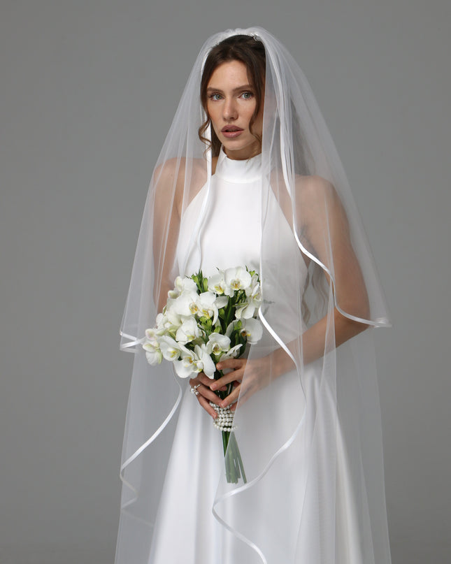 Two Tier Satin Ribbon Wedding Veil with Full Gathered Top