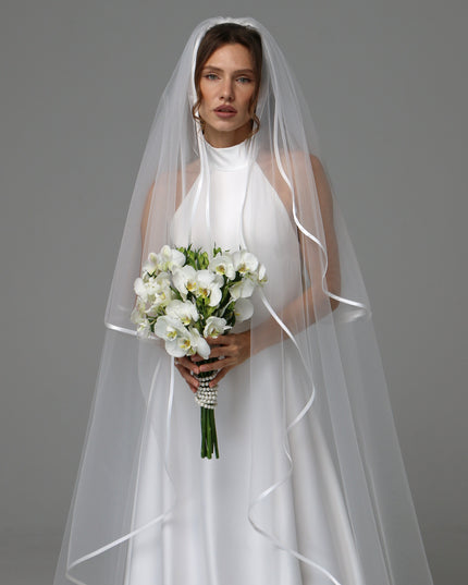 Two Tier Satin Ribbon Wedding Veil with Full Gathered Top