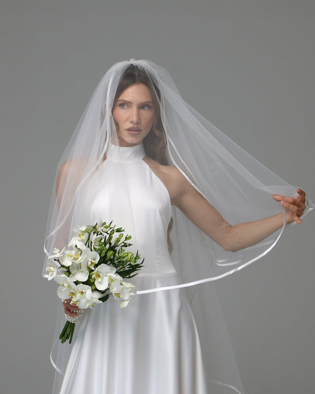 Two Tier Satin Ribbon Wedding Veil with Full Gathered Top
