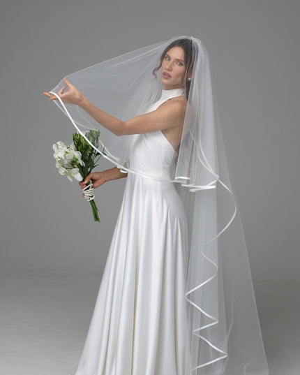 Two Tier Satin Ribbon Wedding Veil with Full Gathered Top