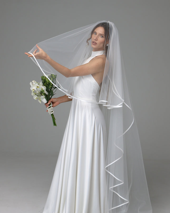 Two Tier Satin Ribbon Wedding Veil with Full Gathered Top