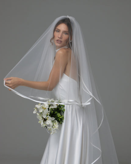 Two Tier Satin Ribbon Wedding Veil with Full Gathered Top