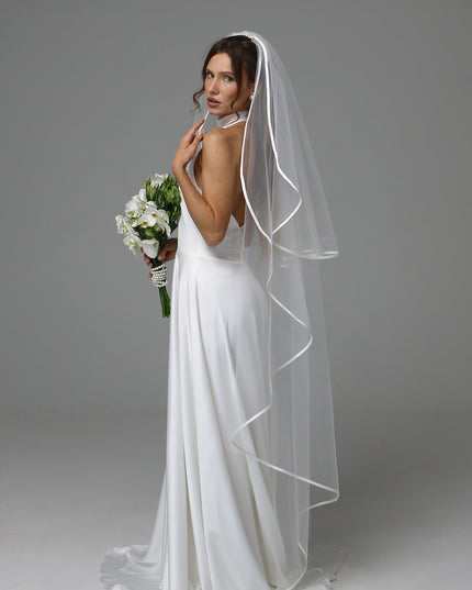 Two Tier Satin Ribbon Wedding Veil with Full Gathered Top