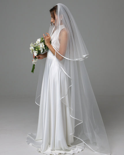 Two Tier Satin Ribbon Wedding Veil with Full Gathered Top