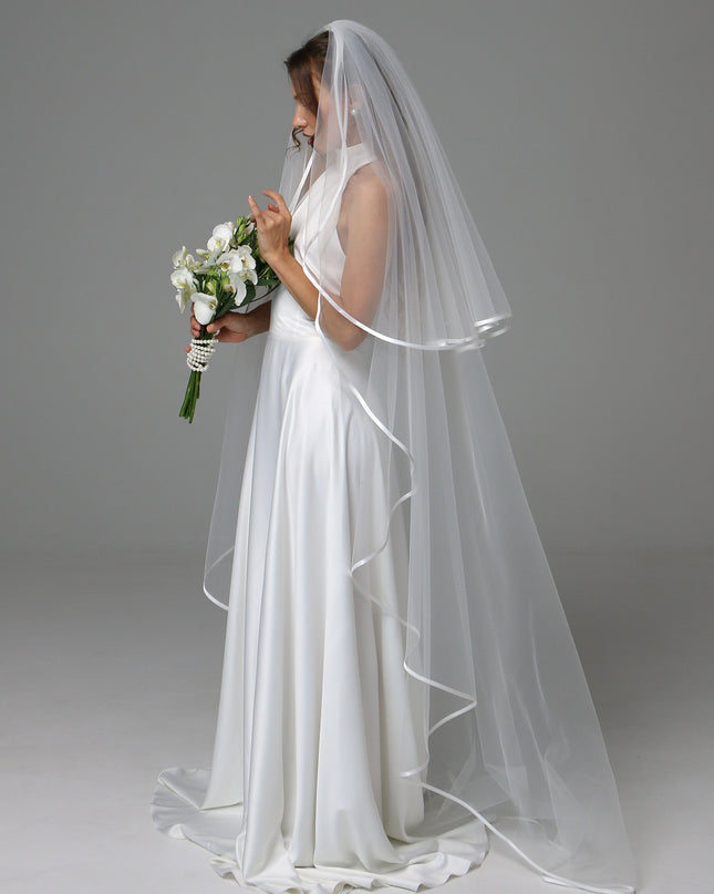 Two Tier Satin Ribbon Wedding Veil with Full Gathered Top