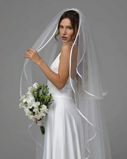 Two Tier Satin Ribbon Wedding Veil with Full Gathered Top