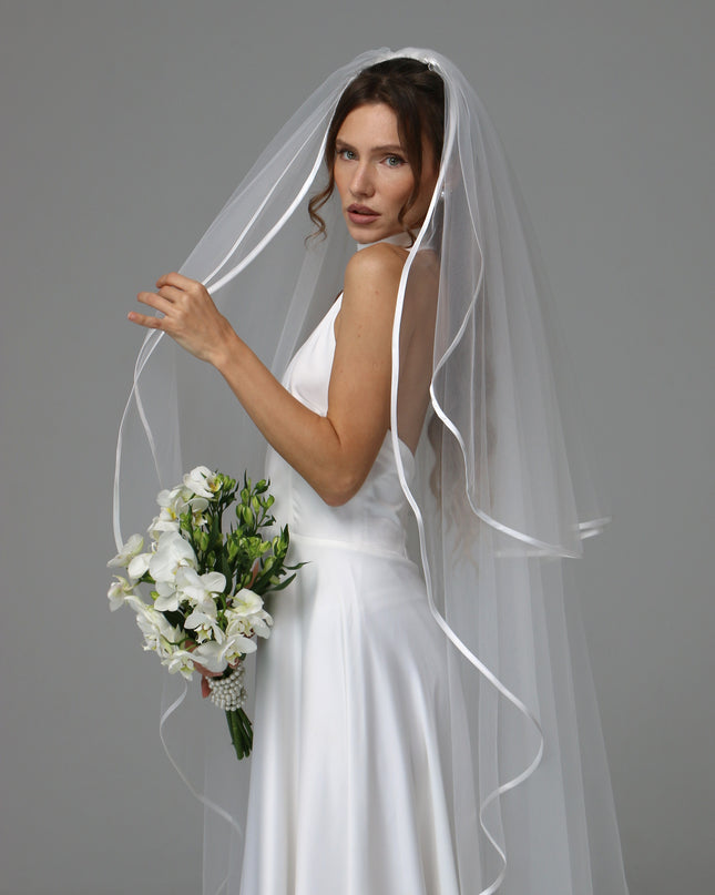 Two Tier Satin Ribbon Wedding Veil with Full Gathered Top