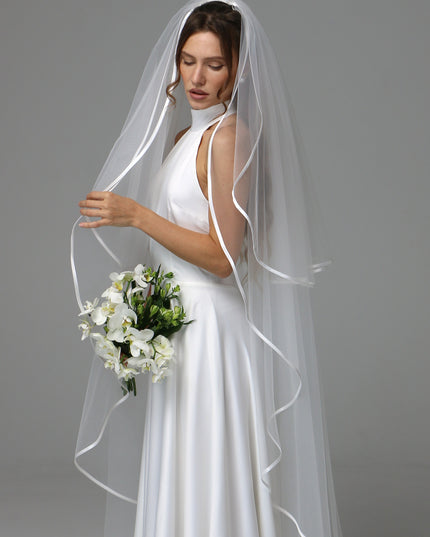 Two Tier Satin Ribbon Wedding Veil with Full Gathered Top